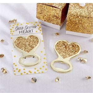 DHL Gratis frakt 100pcs Gold Glitter Heart Bottle Opener Wedding Favors Event Keepsake Födelsedaggåvor Årsdag Dekorer