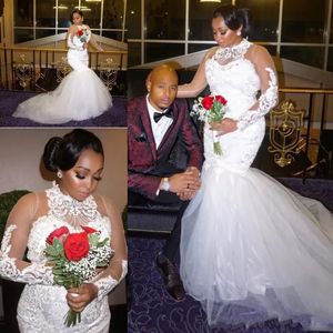 Rozmiar African Plus Suknie ślubne z wysokim szyją koronkowe aplikacje koraliki Sheer Long Rleeves Tiulle Mermaid Suknie ślubne Vestidos de noiva