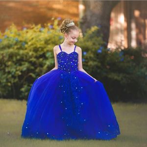 Glamorous Royal Blue Flowers Girls Dresses Cheap Sweep Train Crystals Beading Sleeveless Appliques Lace Bow Back Lace Up Back Evening Party