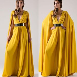 New Fashion 2017 Daffodil Chiffon Deep V Neck Pant Suit With Wraps Cheap Floor Length With Sash Formal Evening Dress Custom Made EN4218