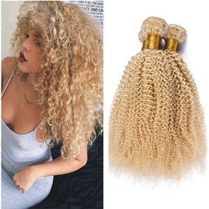 3 buntar brasilianska blonda kinky curly weave hårförlängningar brasilianska hår väft 3 gränser blond kinky lockigt afro hår