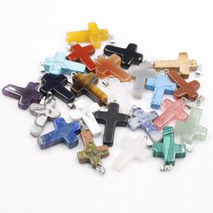 Mixed Colors DIY Fashion Natural Stone Handmade Cross Charms For Women Men Necklaces Pendant Jewelry Findings