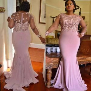 Afrikansk 2018 Rosa Chiffon Plus Size Mermaid Bridesmaid Dresses Lång Lace Appliqued Pearls Bröllop Gästklänning Anpassad Made EN101812