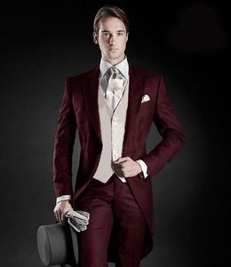 Tailcoat Morning Style Groom Tuxedos Peak Lapel Mens Suit Burgundy Groomsman Best Man Wedding Dinner Suits (Jacket+Pants+Vest)