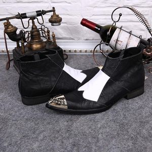 Wysokie skórzane buty męskie męskie botki czarno-białe skórzane szpiczaste Toe rekreacyjne Kozaki męskie krótkie Botki męskie Desinger Boot