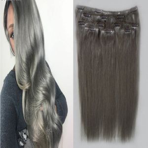 Ludzkie przedłużanie włosów Blondynki Szary Włosy Rozszerzenia Klips w 7 SZTUK 100G Klips w Ludzkich Hair Extensions Prosto