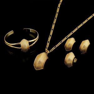 Nowa Etiopska Zestawy Biżuterii 14K Real Yellow Solid Gold GF Fashion African Boat Semi-Circle Chain Wisiorek Bransoletka Kolczyki pierścienie