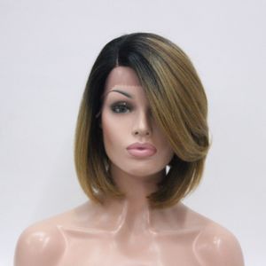 free shipping Charming beautiful fashion new Lace Front Wig L Part Black Ombre Light Strawberry Blonde Angled Bob Wig Heat Ok