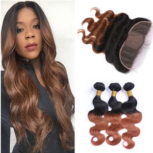 Wholesale silk base closure hair for sale - Group buy Medium Auburn Ombre Silk Base x4 Lace Frontal Closure With Bundles Body Wave Ombre B Human Hair Wefts With Silk Top Frontal