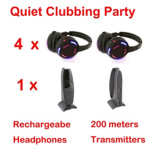 RF trådlösa hörlurar Professional LED Light Silent Disco hörlurarsystempaket inklusive 4 hörlurar och 1 sändare 200 m avstånd