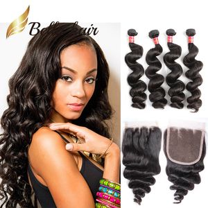 Peruvian Loose Wave Hair 4 Bundles With Top Closure Natural Color Weaves Closure 4x4 Medium Brown 5PCS/Lot