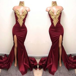 Sexy Arabic Bury Evening Dresses Wear Deep Neck Gold Lace Appliqued Mermaid Front Split 2K18 Elegant Formal Party Dress Prom Gowns