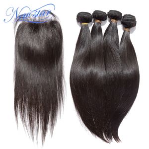 Wholesale-new star hair brazilian virgin hair with closure Brazilian straight 4 bundles with 1 free part excellent lace straight closure