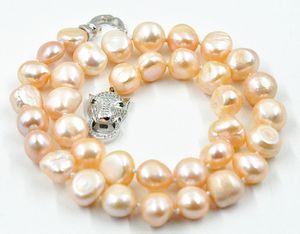 NUOVA collana di perle barocche rosa dei mari del sud da 12-13 mm Chiusura leopardata da 18 