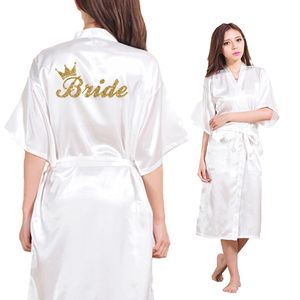 Partihandel-Bride Crown Team Bride Golden Glitter Skriv ut Lång sektion Kimono Robe Kvinnor Bachelorette Bröllop Faux Silk Robe Gratis frakt