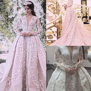 Luxury Ball Gown Wedding Dresses 2017 Sexy Sheer Crew Neckline Beaded Lace Appliqued Cathedral Train Bridal Gowns with Long Sleeves