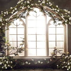 Romantik Düğün Fotoğraf Stüdyosu Backdrop Fransız Pencere Beyaz Çiçekler İç Oda Vintage Fotoğraf Arka Planında Fotoğraf Arka Plan