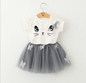 estate nuove neonate che coprono gli insiemi moda stile cartone animato gattino stampato tshirtsnet velo vestito 2 pezzi ragazze abbigliamento bambini abiti