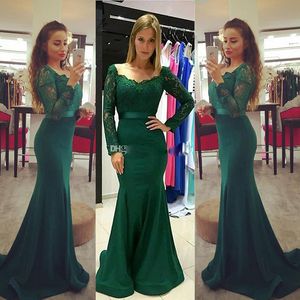 Dark Green Mermaid Prom Dresses V Neck Long Sleeves Lace Satin Sweep Train Cheap Prom Dresses With Sash 2017 Elegant Formal Dresses