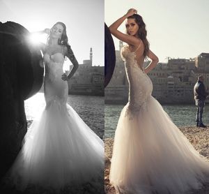 Mermaid Gelinlik Tül Kıyafeti Backless Seksi Kolsuz Spagettis Aplike Zarif Kat Uzunluk Custom Made Gelin Kıyafeti Ucuz Fiyat