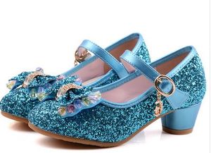 Kids Girls High Heels For Party Sequined Cloth Blue Pink Shoes Ankle Strap Snow Queen Children Girls Pumps Shoes