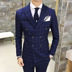 Wholesale- 3 Psc 2017 Envmenst  High Quality Men's Plaid Suit Set Blazer+Vest+Pants Groom Double breasted Man Wedding Suit Set