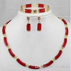 Ädlest! Röd Ruby Link Halsband Armband Örhängen Set