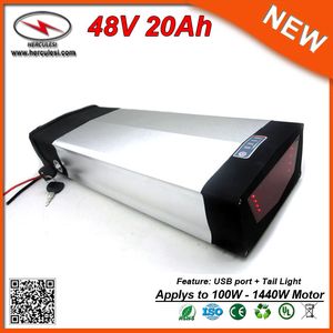 USB порт Tail Light литиевая батарея 48V 20Ah для 1000W Электрический велосипед Велосипед Встроенный в 2500mAh клетки с 30A BMS БЕСПЛАТНАЯ ДОСТАВКА