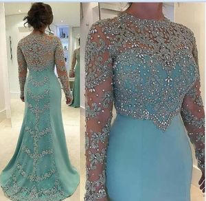 2021 Mintgrün Neue Mutter der Braut Kleider Silber Spitze Applikationen Perlen Lange Ärmel Illusion Plus Size Partykleid Hochzeit G298m