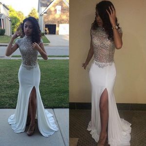 Gorgeous Shinning Beaded High Neck Prom Dresses 2k17 Cap Sleeve White Chiffon High Split Evening Gowns See Through Cocktail Party Dress