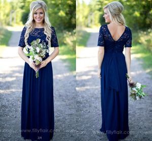 Wholesale maid honor dress lace sleeves chiffon resale online - Royal Blue Long Country Bridesmaid Dresses Lace Scoop Neckline Short Sleeves Maid of Honor Gowns Chiffon Cheap Wedding Guest Dress CPS572