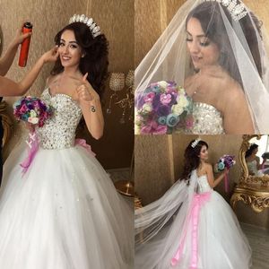 Sparkly Rhinestone Beaded Wedding Dresses Ball Gown Sweetheart Tulle Bridal Gowns With Pink Bow 2018 Cheap Wedding Dress Custom Made