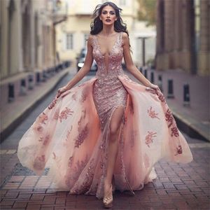 Ny v nacke fantastisk rosa formell klänning över kjolfront applikationer slits tulle spets kväll klänning
