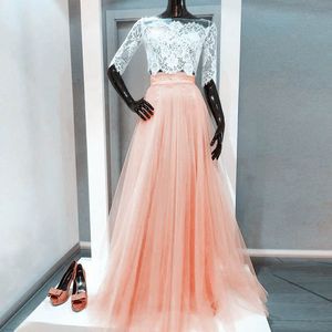 Peach Pink Two Piece Prom Dresses Off Shoulder Half Sleeves Illusion Lace Jacket Crop Top Tulle Floor Length Light Orange Evening Gowns