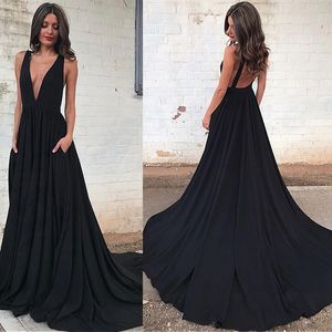 Hote venda Moda Preto A Linha de Vestidos de Baile Sexy Decote Em V Profundo Glamorous Backless Prom Party Vestidos Simples Evening Prom Vestidos Custom Made