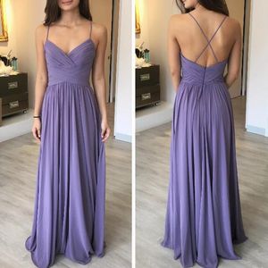 Charmante 2017 Lavendel Chiffon Sexy Brautjungfernkleider Lange Günstige Spaghetti Criss Cross Back Rüschen Trauzeugin Kleider Nach Maß EN8012