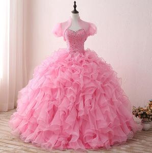 Rosa quinceanera klänningar 2023 bollklänningar pärlstav ren jacka rufsed organza spets upp puffy riktig bild prom klänning