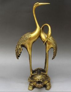Chinois Classique Feng Shui laiton cuivre Deux grues ficar em cima do dragão tortue estátuas