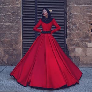 Saidmhamad hoge halslijn lange mouwen zwarte riem a-lijn moslim stijl rode prom jurken kapel trein avondjurk
