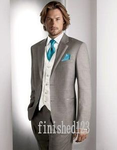 Senaste Design Light Grey Groom Tuxedos Notch Lapel Groomsmen Bästa Man Passar Mens Bröllop Blazer Passar (Jacka + Byxor + Vest + Tie) No: 463