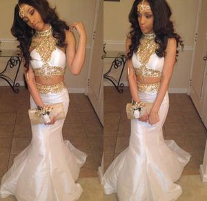 2020 Sexy Black Girl Dwa kawałki Prom Dresses Mermaid White Gold Beaded Dhinestones Prom Dress Długa sukienka