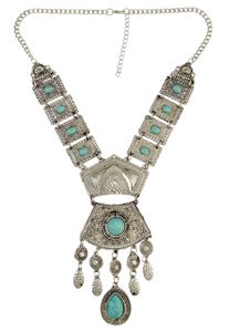 idealway 3 Colors Bohemian Inlay Crystal Natural Turquoise Beads Geometric Shape Carved Flower Tassel Pendant Necklace