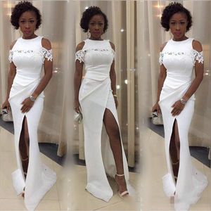 Arabic White Long Prom Dresses 2017 Lace Appliques Off Shoulder Evening Gowns High Split Sexy Formal Party Dress Custom Made Cheap