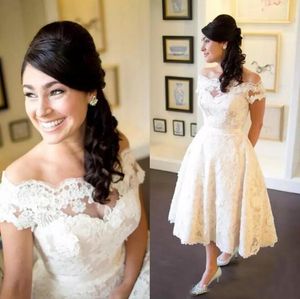 Vintage 2017 Lace Tea Length Wedding Dresses Off The Shoulder Appliqued Country Garden Bridal Gowns Plus Size Custom Made China EN8075