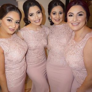 Blush rosa plus size vestidos de dama de honra vintage sereia lace botão coberto mangas satin 2017 casamento hóspede vestidos de noite