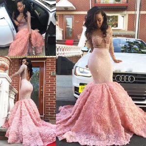 Południowoafrykański Różowy Z Długim rękawem Prom Dresses Sexy See przez Sheer Dekolt Mermaid Suknie Wieczorowe Otwórz Wróć Formalne Vestidos Party Dress