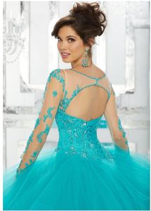 Skräddarsydda quinceanera klänningar spets applikation paljetter långärmad blå bollklänning tyll söta 15 klänningar plus storlek320r