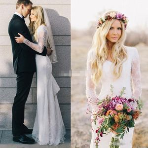 2019 New Lace Wedding Dresses with Long Sleeves Sheath Sheer V Neck Floor Length Elegant Garden Beach Wedding Gowns Bridal Dress 007