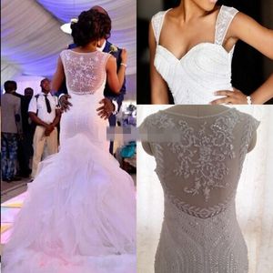 African Style Plus Size Mermaid Wedding Dresses 2020 Cap Sleeves Beaded Crystal Ruffled Tulle Puffy Wedding Gowns Vestidos De Noiva