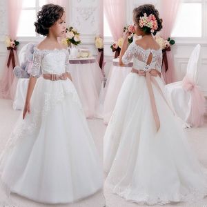 Spitzen Perlen Günstige Blumen-Mädchen-Kleider Tulle-Ballkleid Mannschaft Ballkleid Tulle Kinderkleider Schöne Blumen-Mädchen Brautkleider